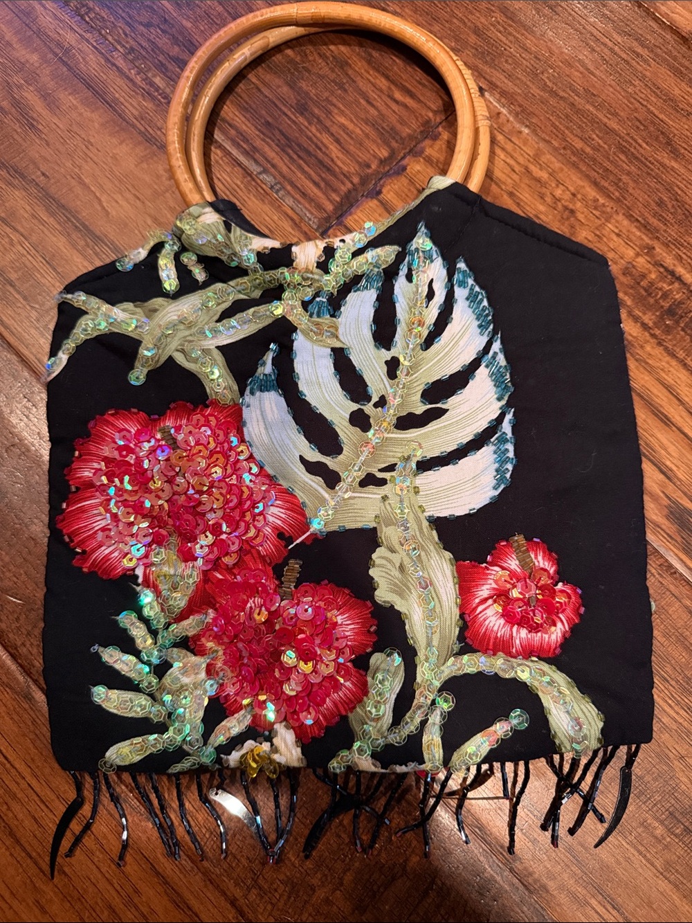 Source Unknown Black Floral Sequin Handbag with Bamboo Handles